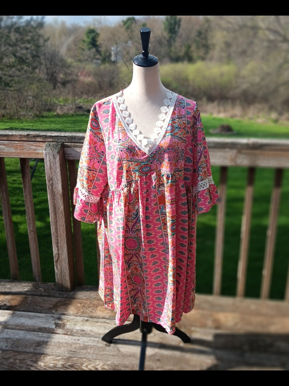 Kara and Kate Pink Blue Floral Paisley Crochet Trim Flowy Tunic Dress NWOT Large - Picture 4 of 8